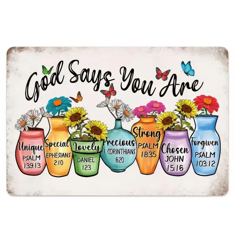 God Says You Are Vintage Metal Sign - Colorful Vases, Flowers, Butterflies & Bible Verses, Retro Wall Decor for Home/Bedroom, Ir