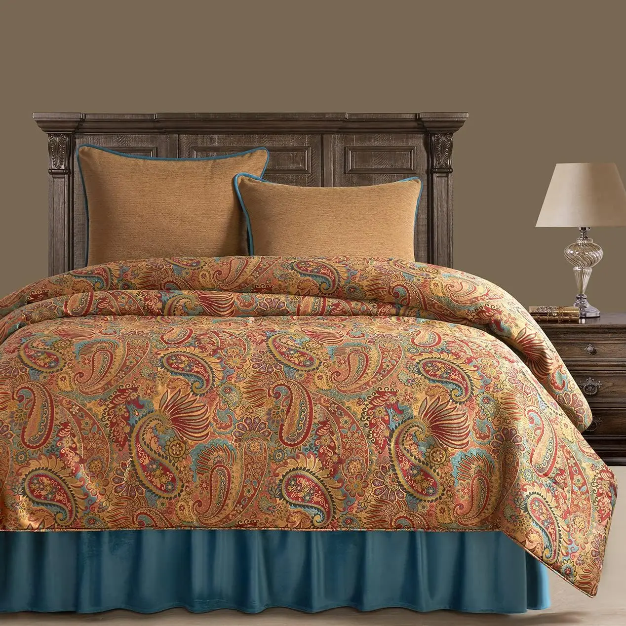 Paseo Road By Hiend Accents San Angelo 4 Piece Comforter Set, Super King, Paisley Pattern, Teal Bed Skirt, Western Rustic