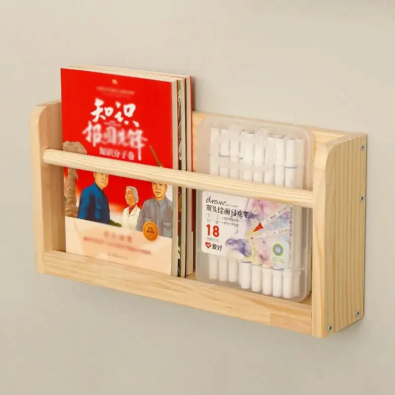 Solid Wood Wall Mounted Bookshelf For Kids Picture Books, Minimalist Hanging Book Rack Magazine Newspaper Storage Organizer