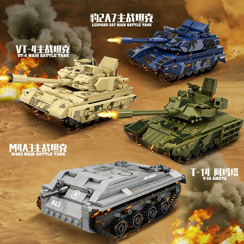 Montar su propio tanque de batalla: bloques de construcción temáticos M4A3 T-14 VT-4 2A7, juguete para regalo de ingeniería para niños