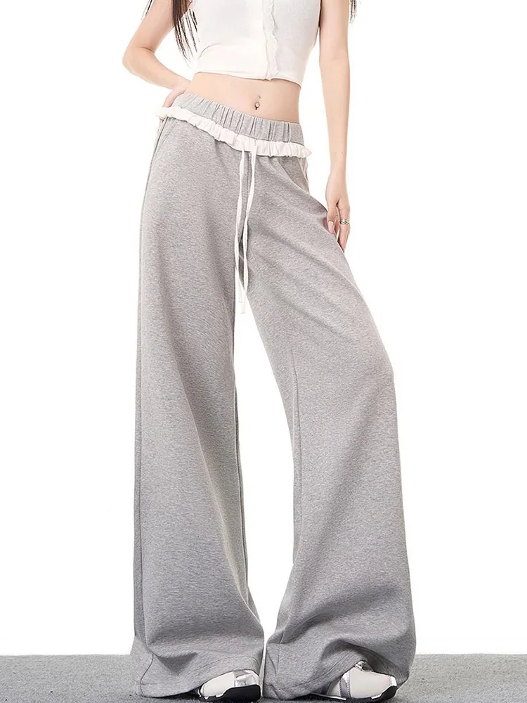 Zoki エレガントなヴィンテージグレースウェットパンツ女性ハイウエスト韓国甘いワイドレッグパンツ秋レトロルーズフリルポケット女性のズボン