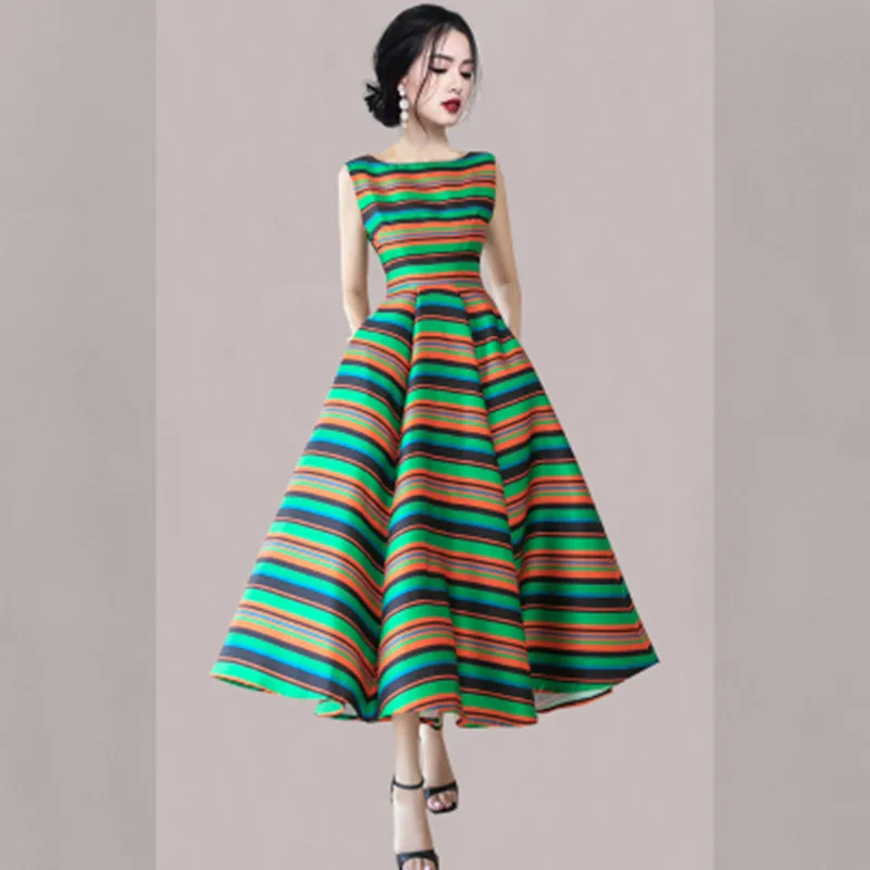 

2024 Summer New Korean Version Fashion Printed Dresses Women's O-Neck Sleeveless Elegant Clashing Stripes Party Dresses