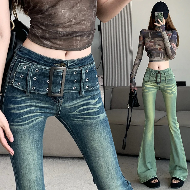 American Retro 2000s Y2K Jeans Mujer Streetwear Wide Belt Low Waist Flare Jeans Pants Loose Straight Wide Leg Harajuku Trousers