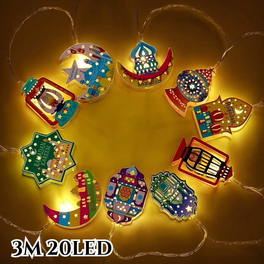 

﻿ Гирлянда для украшения на Ид аль-Фитр, светящаяся гирлянда в виде луны и звезд, разноцветная, мусульманская, 3D-подсветка, декоративная для дома
