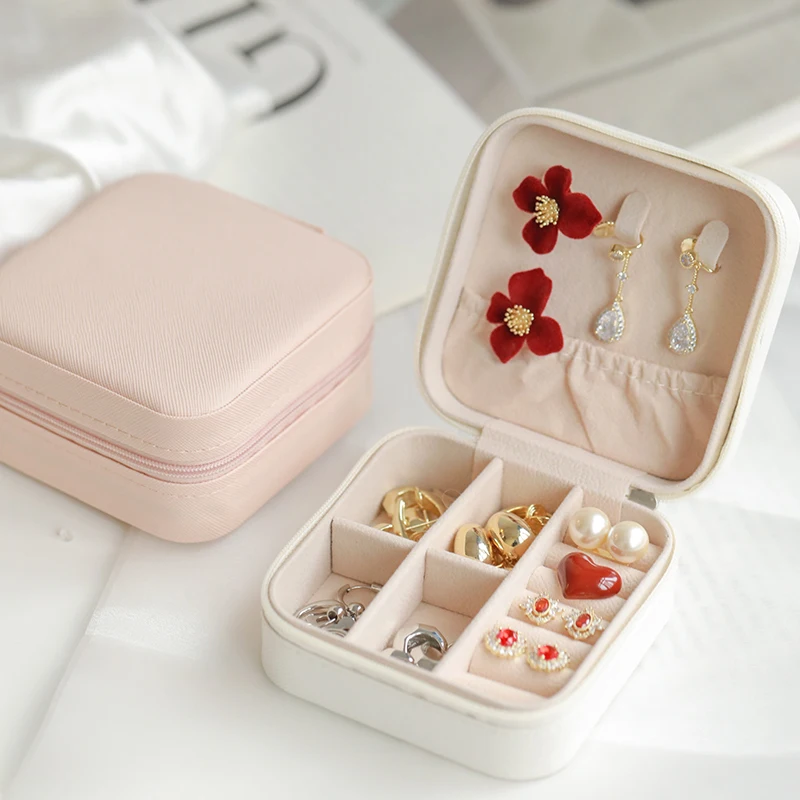 Mini Jewelry Organizer Display Travel Jewelry Zipper Case Boxes Earrings Necklace Ring Portable Jewelry Box Flip Top Storage