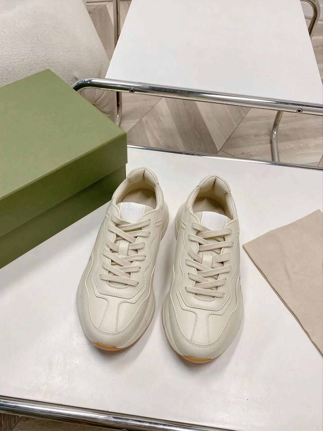 Unisex Cream Faux Leather Chunky Dad Sneakers, Lace Up Low Top Gum Thick Platform Sole Casual Walking Shoes