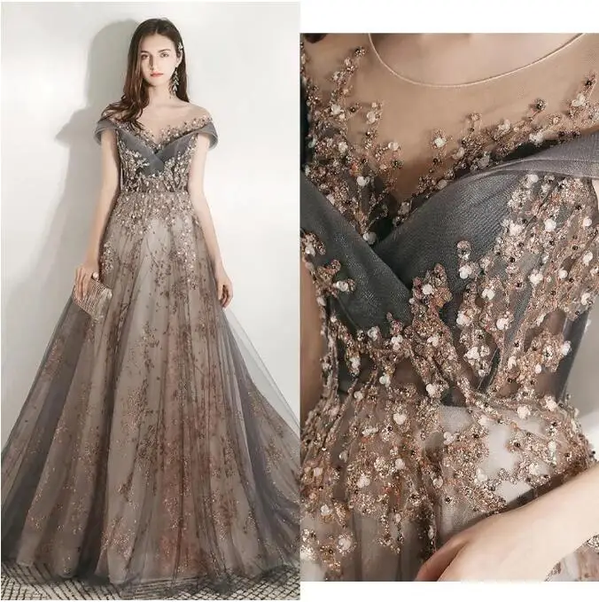 

Purple Gray Luxury Prom Dresses Off Shoulder Elegant Sequins Appliques Bead A-Line Formal Party Wedding Guest Evening Gowns New