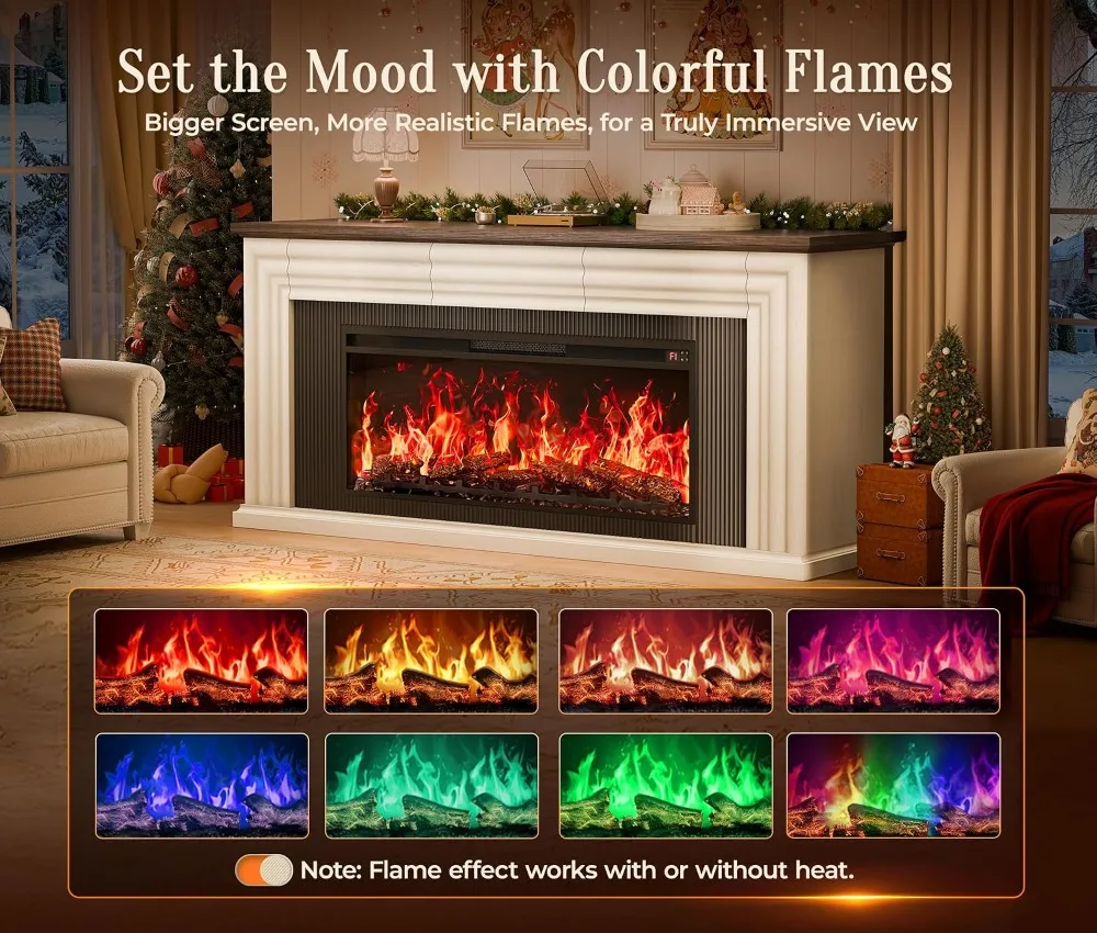 Fireplace TV Stand for 65-75 Inch TV, 42'' Electric Fireplace, Farmhouse Console, 3 Drawers, White