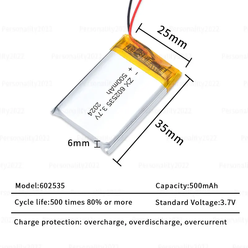 3.7V 500mAh 602535 LiPo Battery Rechargeable Polymer Cell Fit GPS Tracker Dog Trainer MP3 MP4 Device