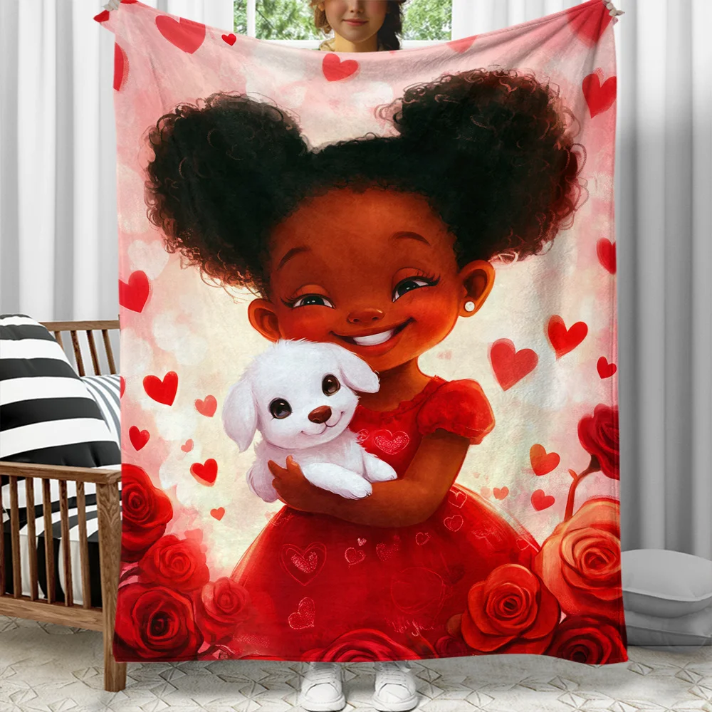 Black girl holding white puppy love hearts roses red dress cute illustration blanket soft cozy kids gift home decor
