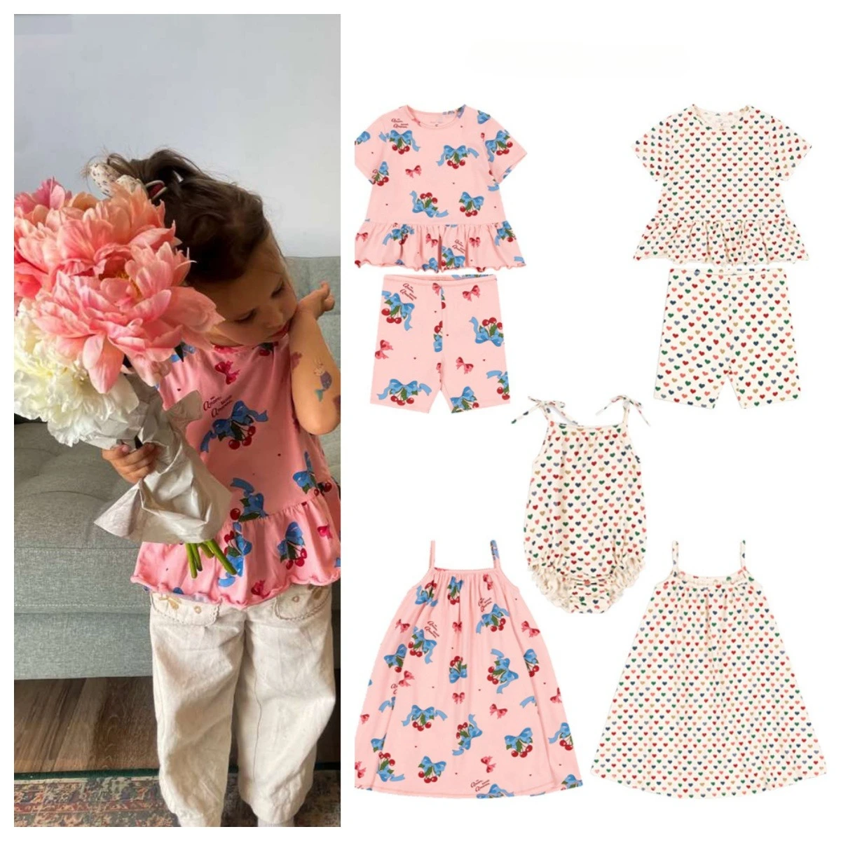 

Kids 25 Summer New Ks Color Love Shorts Suit Cherry Suspender Dress Women's Crawling Clothes Kids Boutique Clothes