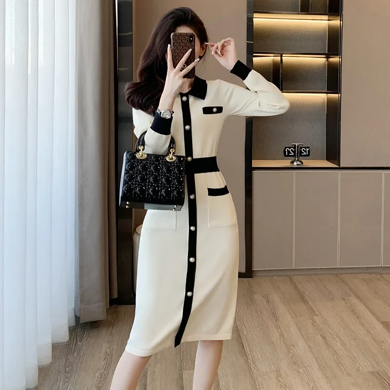 

Fashion Knit Dress Women Autumn Winter Ribbed Contrast Long Sleeve High Waist Lapel Gown Dress Knitwear Ladies Maxi Dress R75