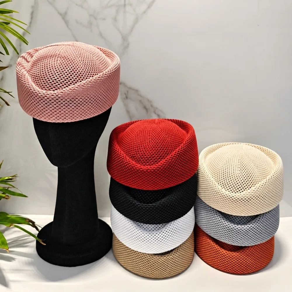 Vintage Breathable Mesh Beret Hat Hollow Lightweight Knitted Beanie Vintage Design Solid Color Casual Stewardess Cap Countryside