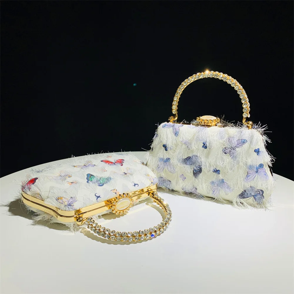 Fine Fashion Butterfly Embroider Evening Bags Metal Rhinestone Handle Handbags For Women Wedding Party Tassel Small Clutch Purse