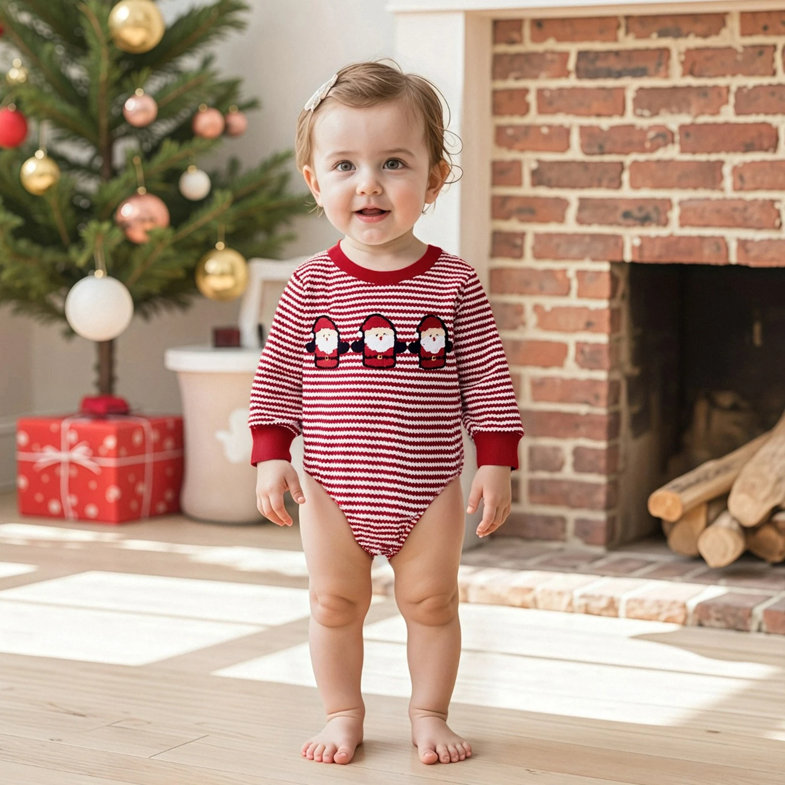 

Baby Christmas Romper, Long Sleeve Stripes Embroidery Fall Bodysuit Clothes for Girls Boys Clothing