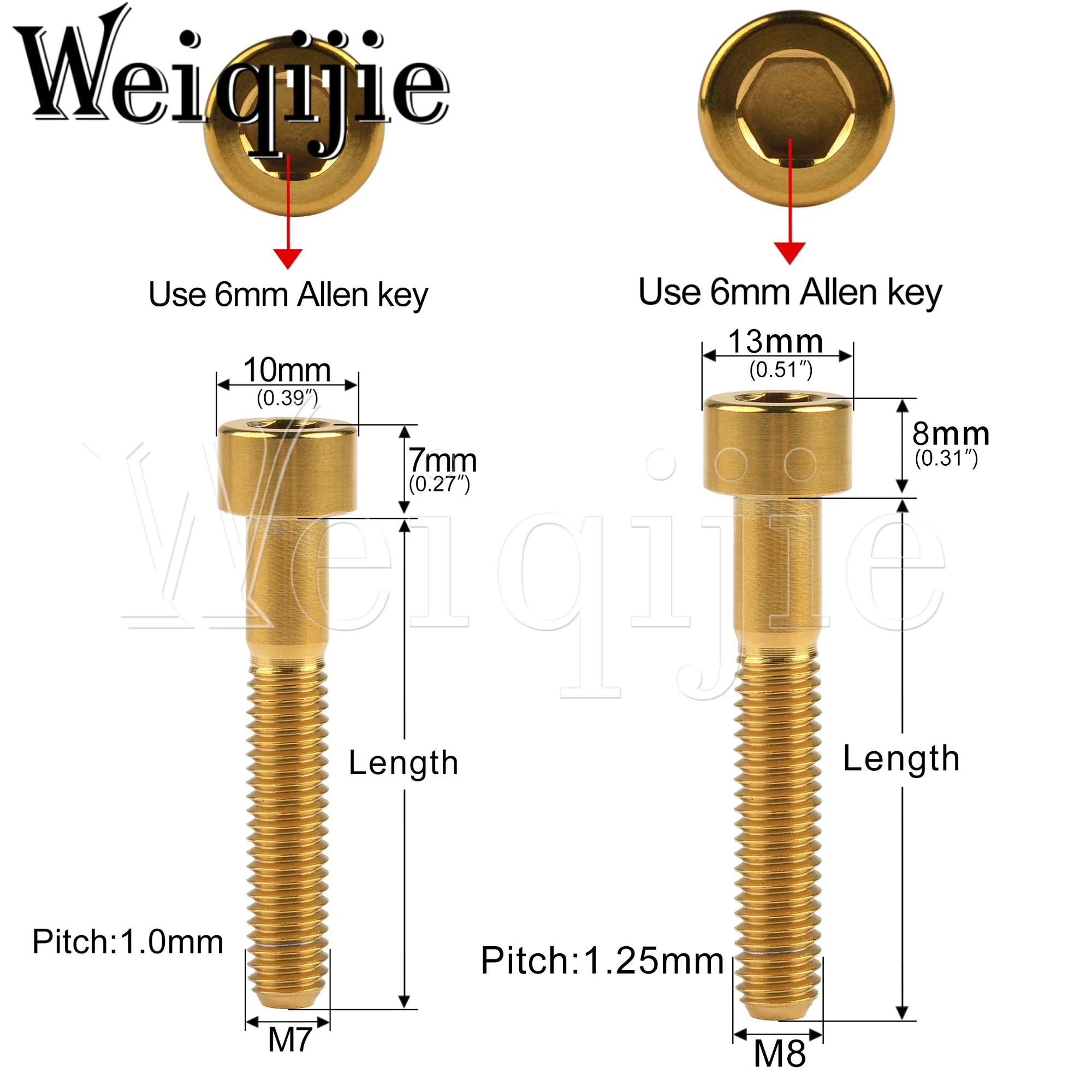 Weiqijie Titanium Bolt M7/M8x15 20 25 30 32 35 40 43 45 50 60 70mm Hexagon Screw for Bicycle Motorcycle Titanium Screw