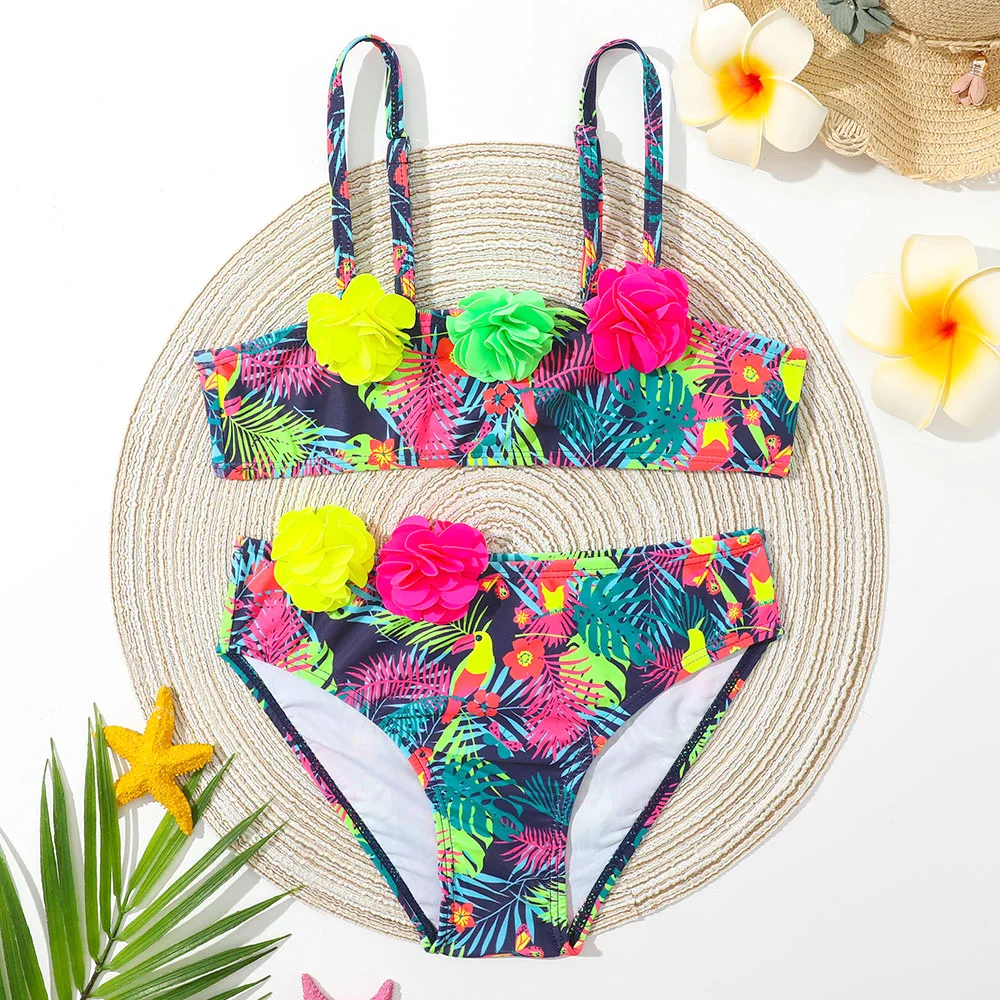 Flower Applique Girl Swimsuit Kids Tropical Print Toddler Bikini Set 4-12 Years Two Piece Children\'s Swimwear Bathing Suit 2023