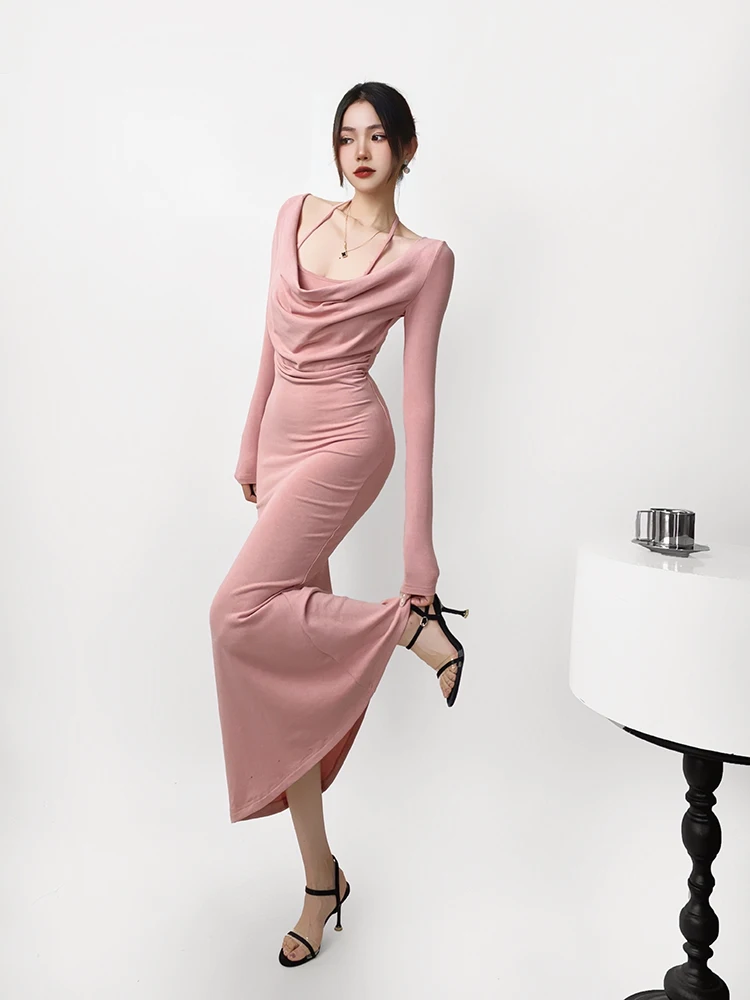 

Ace Spring Summer Women's Long Sve Fi Tail Dr Pink Strapl Gown Ele Slimming Two-Piece Set Glue Fiber Polyester...