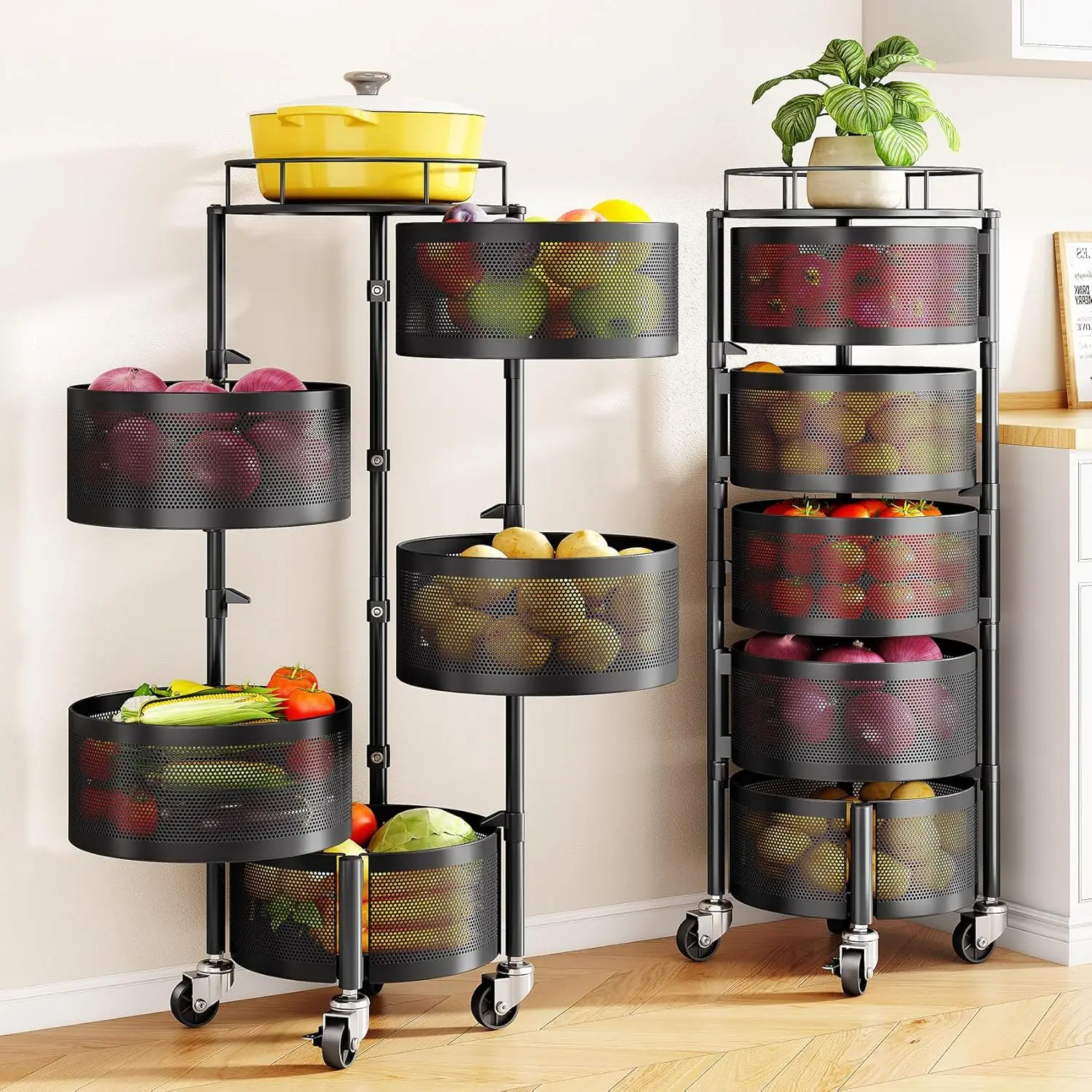 

5-Tier Rotating Kitchen Storage Rack with Wheels, Black Metal Basket Organizer for Fruits Vegetables