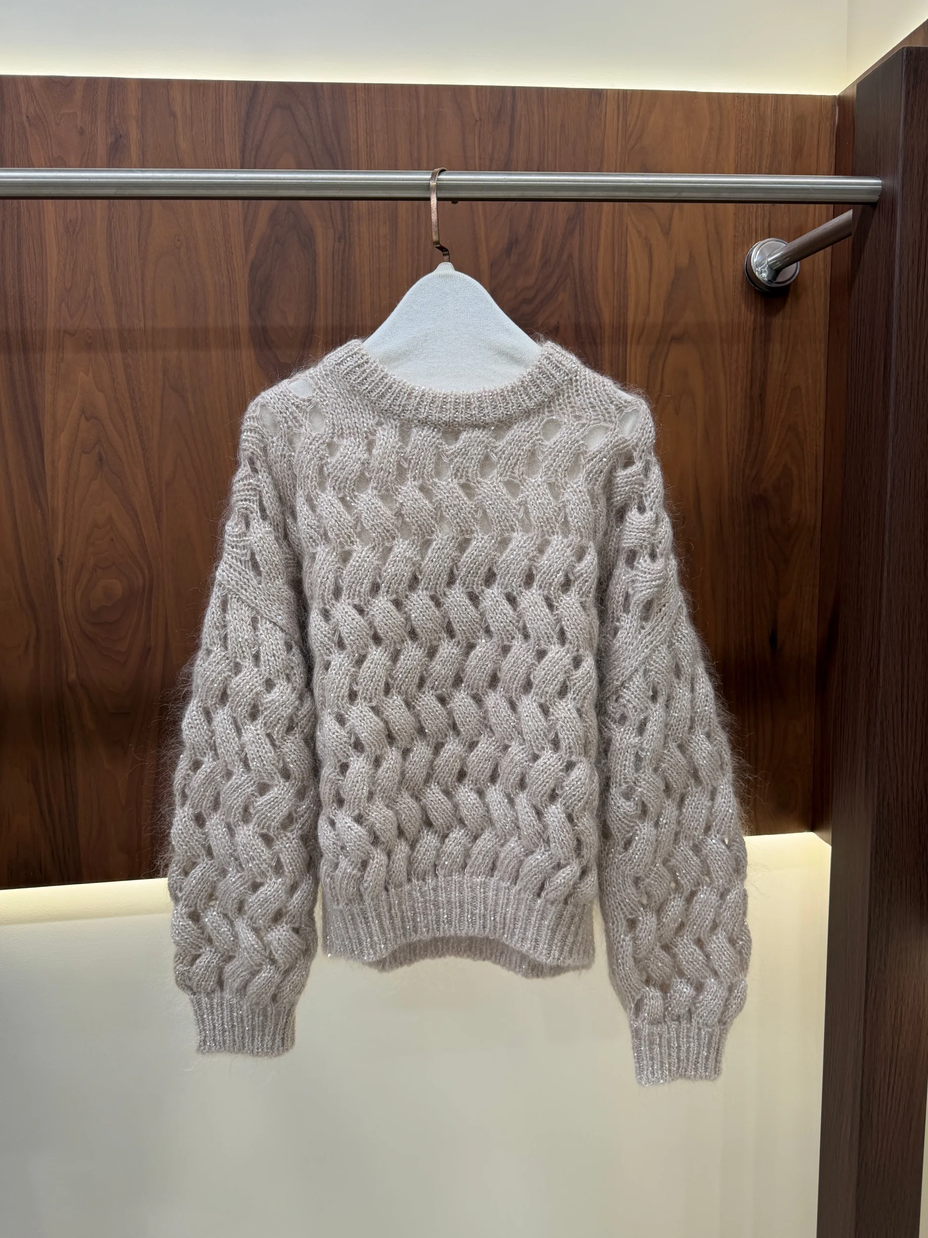 Women's Autumn/Winter Long-Sleeve Mohair Pullover with Crew Neck and Cut-Out Detail