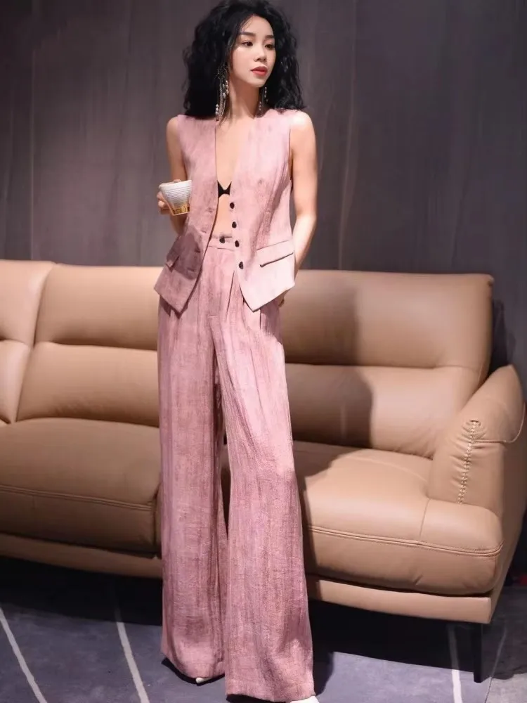 2025 New Style Females Summer Casual Cotton Sleeveless Sets Stylish Two-Piece Vest Set Office Ladies Fashion Full Length Outfits