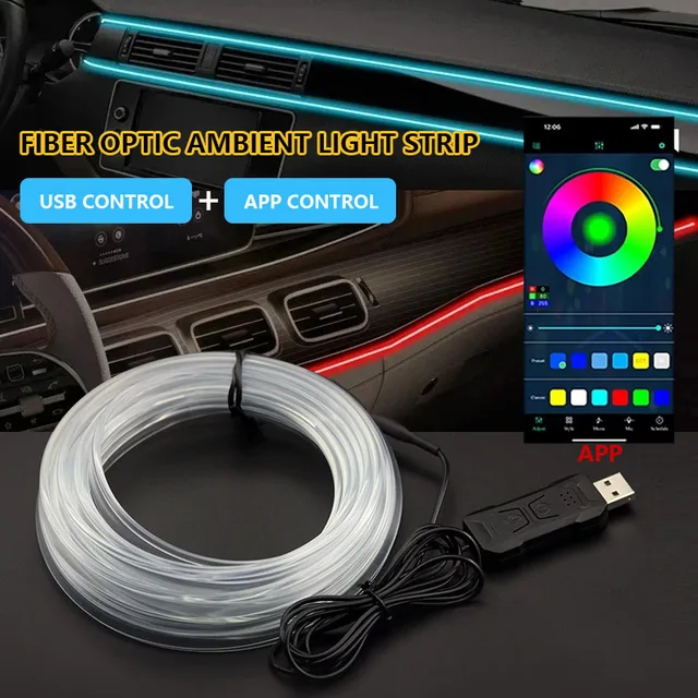 2/3/4/5M RGB nastrojowe oświetlenie wnętrza samochodu nastrojowe oświetlenie LED pasek światła światłowód USB lampa nastrojowa obsługa aplikacji sterowanie bezprzewodowe