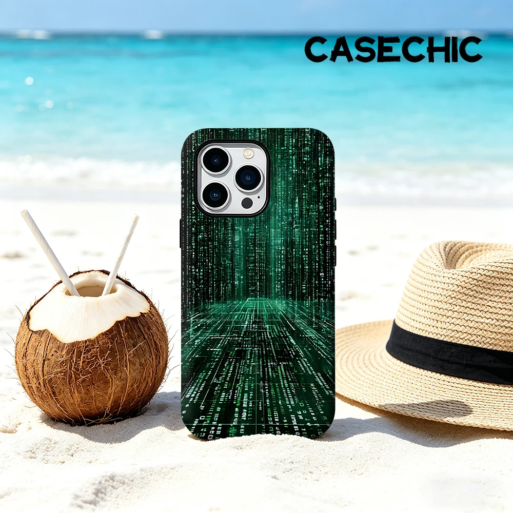 Funda CaseChic Mate con Bumper para Magsafe, Compatible con iPhone 17 16 15 14 Plus Pro Max, Antigolpes, Rígida, de PC, Diseño Digital Green Matrix