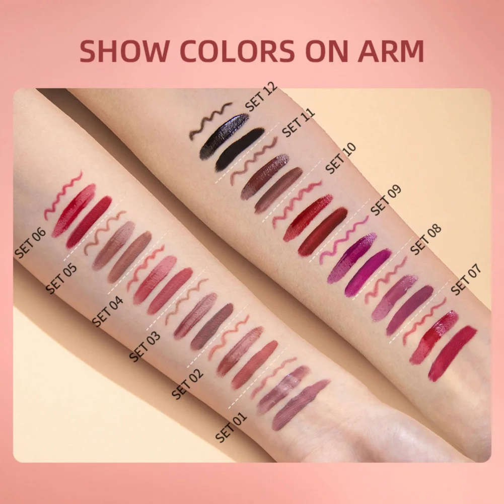 Matte Liquid Lipstick+lip Liner Pencil Set 12 Colors Waterproof Lip Liner Long Lasting Lip Gloss Makeup Cosmetics Set