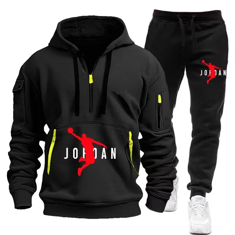 

men's tracksuit zipper hood multi-pocket and protective pants casual jogging tracksuit fall/winter 2-piece setLarge size S-3XL