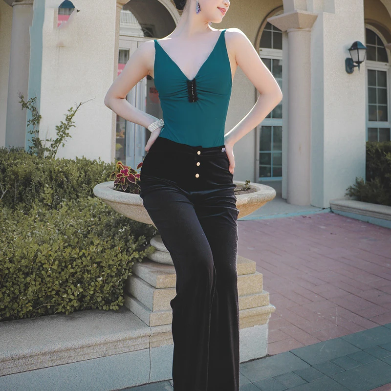 2025 Latin Dance Costumes Practice Suit Women V-neck Jumpsuit Velvet Straight-leg Pants Dance Performance Clothes Wear DN21139