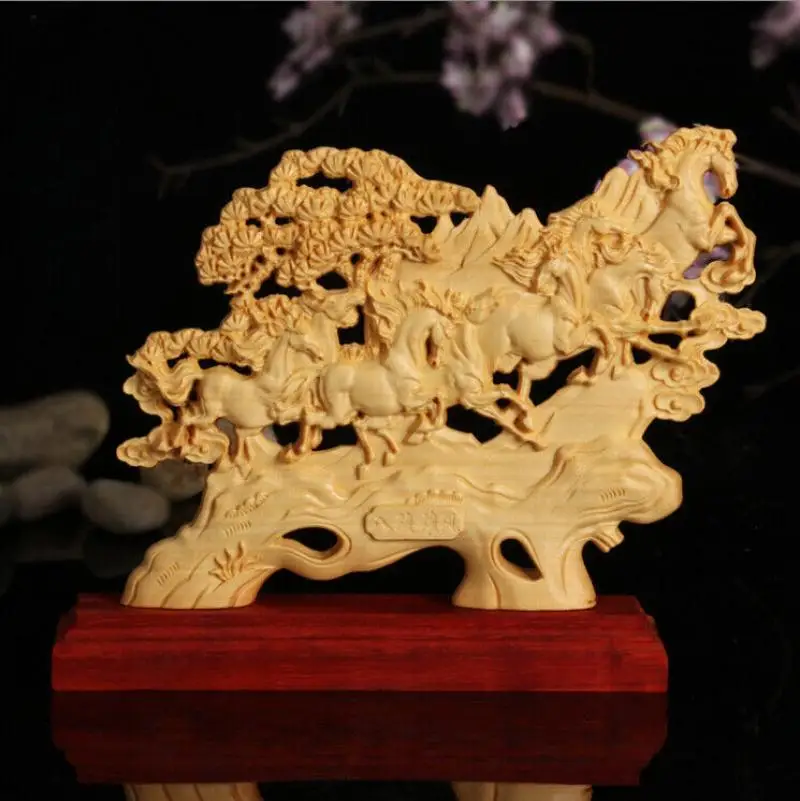 Collect China Box-wood Double-sided Carving Animal Eight Horse Ornament Statue