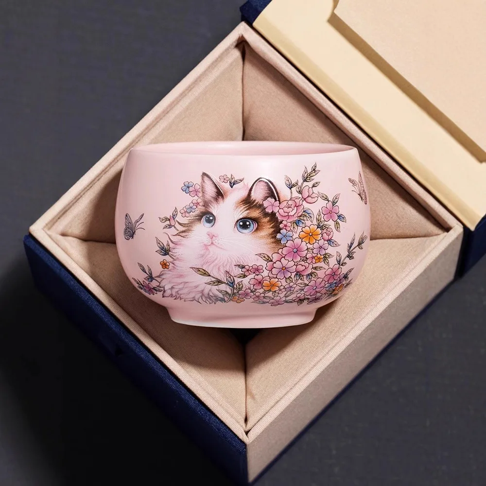 Cartoon Cat And Flower Pattern Teacup Ceramic Chinese  Kungfu Tea Cup 185ml