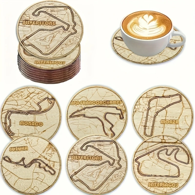 6pcs Retro Line Letter Wooden Coaster Set Tea Coffee Cup Pad Heat Resistant Round Bowl Teapot Mat Wood Placemats Home Coasters