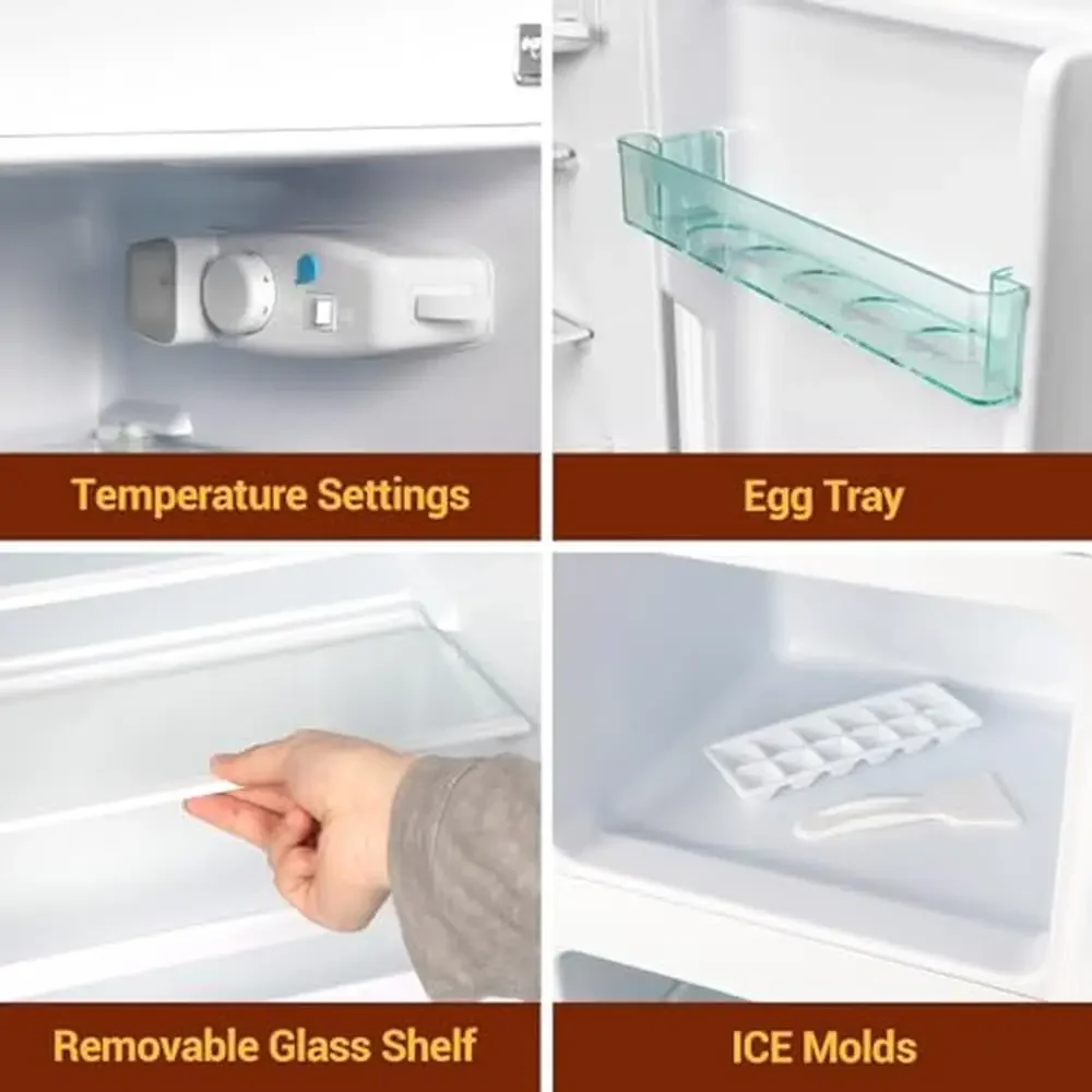 360 °   Mini refrigerador congelador de 2 puertas con refrigeración por ciclo, combinado con bandejas de hielo y cucharas, refrigerador compacto de bajo consumo para el hogar