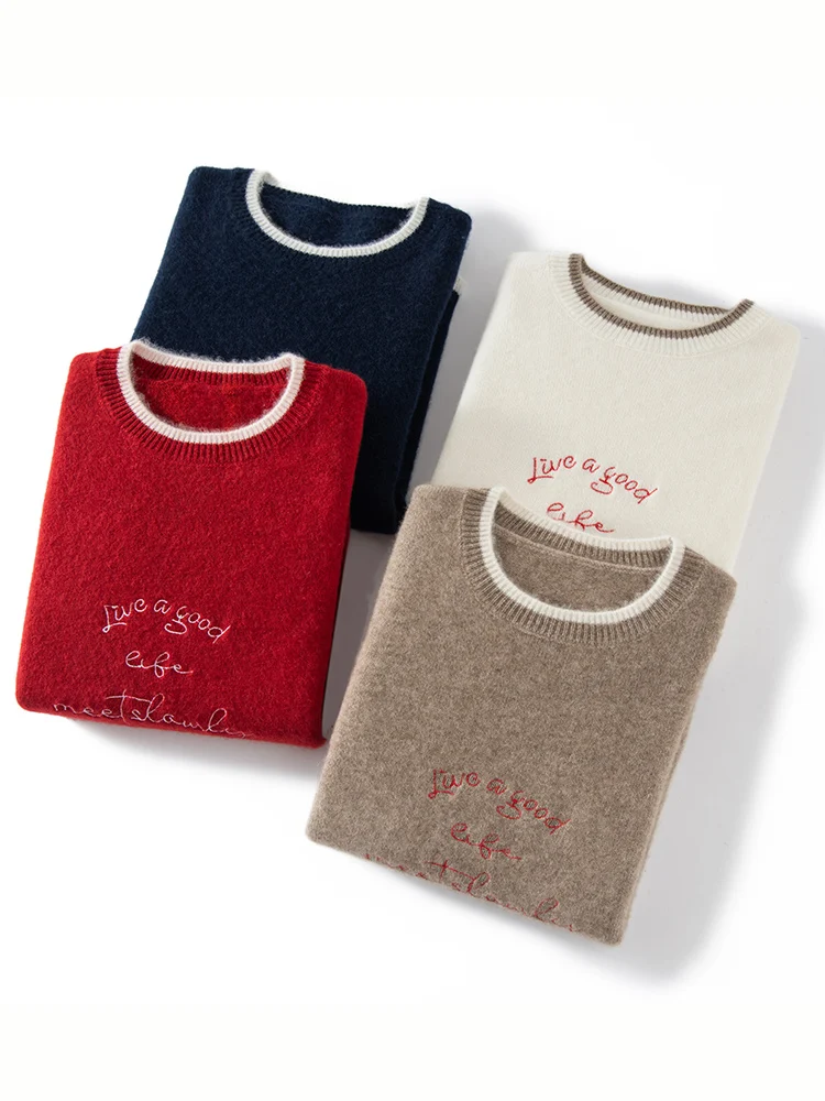 TLOML 여성용 100% 캐시미어 스웨터 오넥 긴 소매 풀오버 컬러 블록 자수 캐시미어 니트웨어 가을 겨울 시크 탑