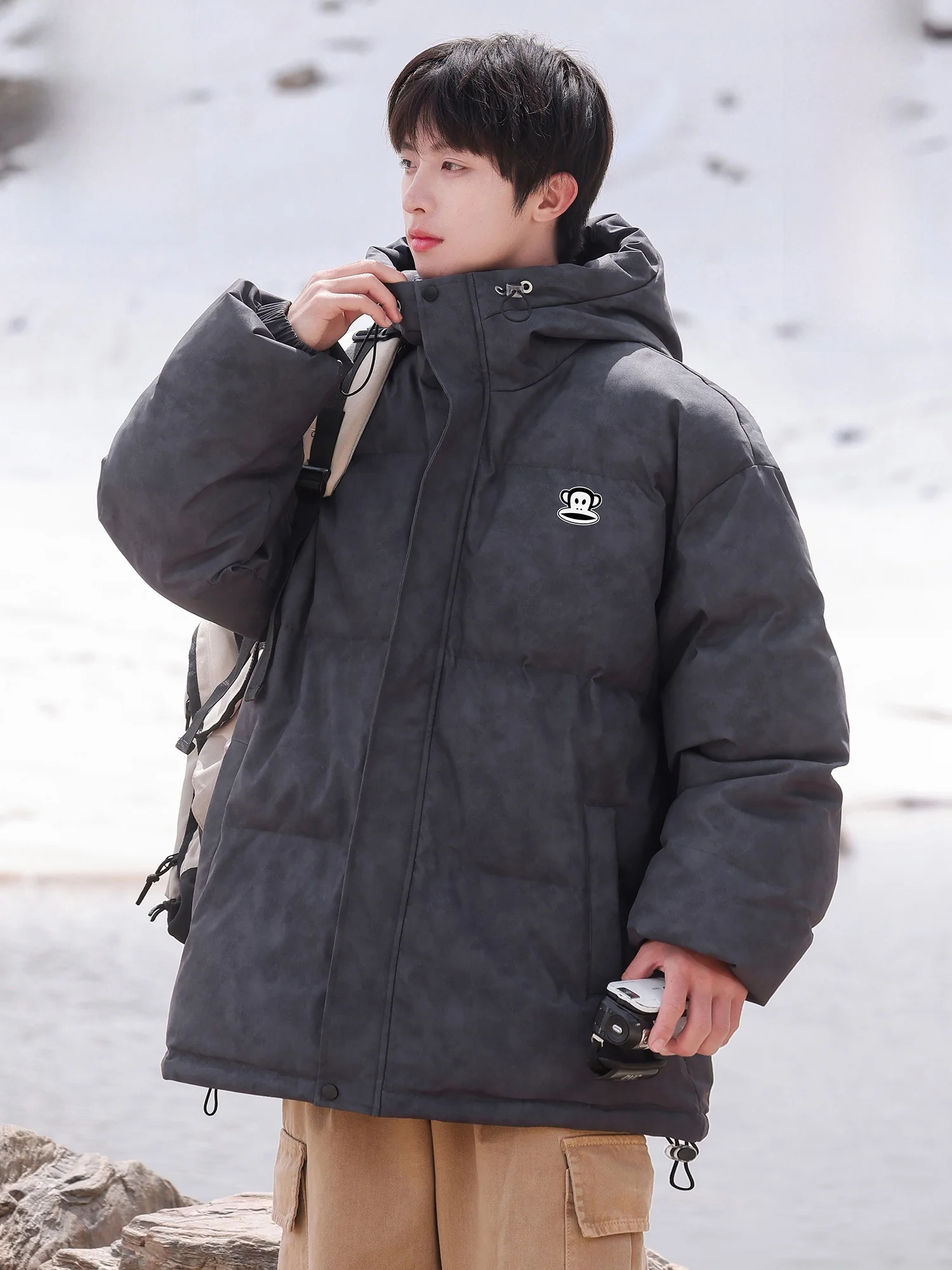 

Мужская зимняя теплая куртка Paul Frank с капюшоном, свободного кроя, повседневная, молодежная, однотонная, с принтом обезьяны с большим ртом