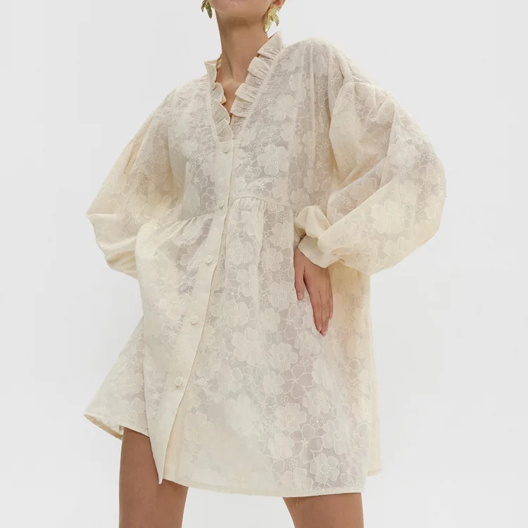 Abiti a trapezio jacquard floreale stile dolce francese per le donne Tunica a sbuffo manica lunga mini abito allentato Boho Ladies Robe Vestidos