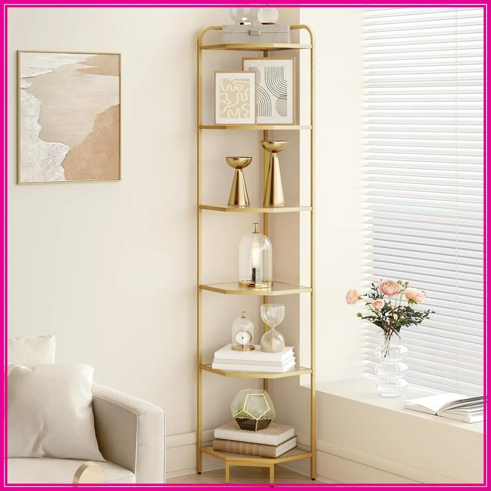 

6-Tier Glass Bookshelf, Steel Frame, Tempered Glass, Modern Style for Living Room, Bathroom, Kitchen, Golden