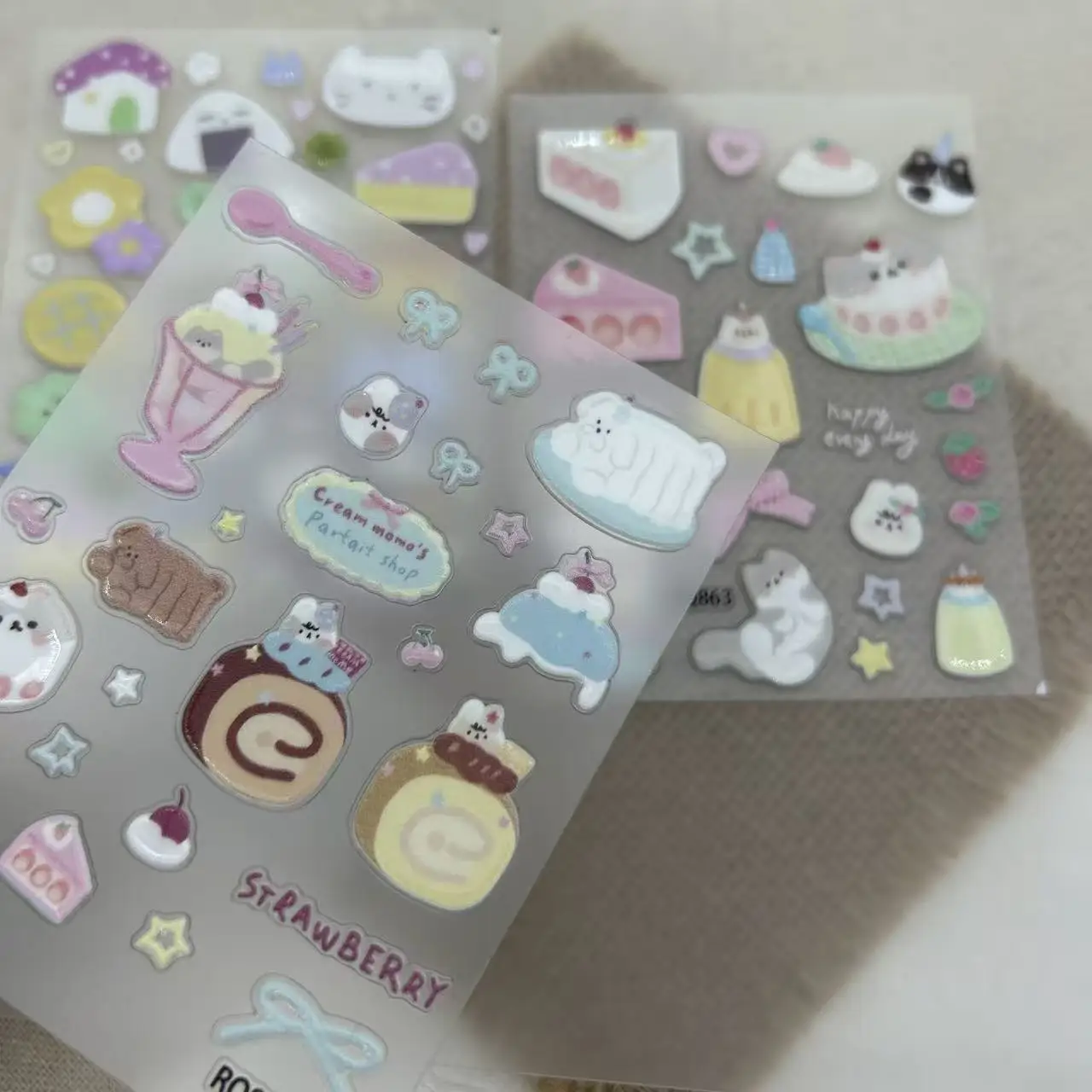 1/3pcs Cute Cartoon Panda Crystal Stickers Kawaii Strawberry Bread Cake Deco Sticker DIY Phone Table Laptop
