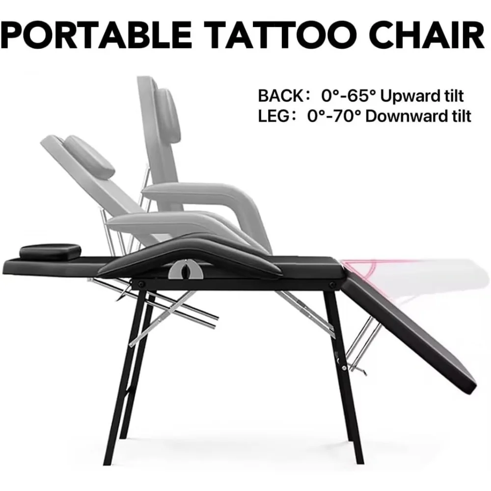 Cama facial de massagem ajustável, encosto de cabeça e braços destacáveis, cadeira de tatuagem portátil para lojas de tatuagem de massagem profissional