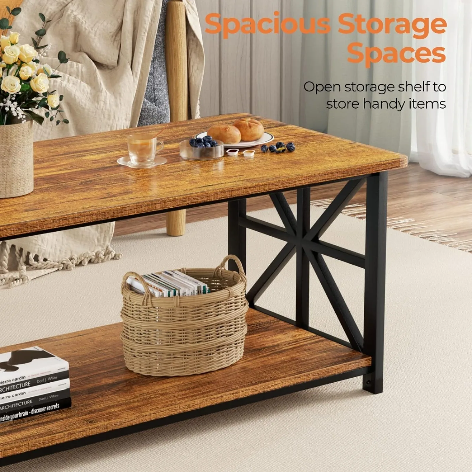 US   Coffee Table with Round Corner, Farmhouse Center Table with 2-Tier Storage Shelf X-Frame Design for Living