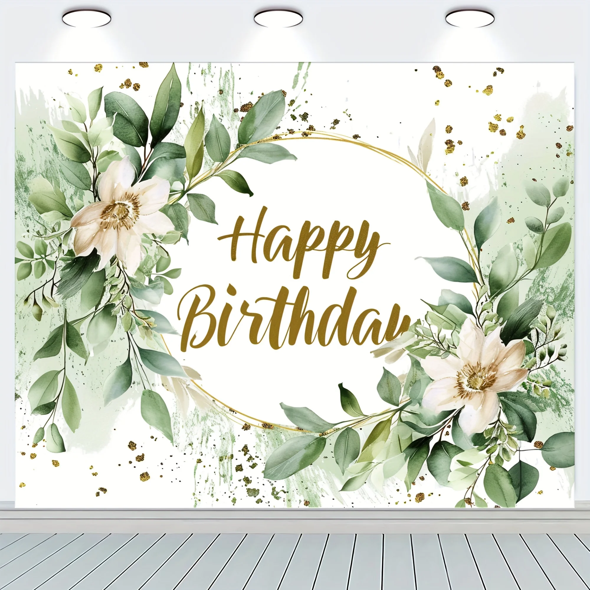 Banner plano 2D, 1 pieza de fondo para celebración de cumpleaños con hojas de plantas verdes, plumbago y eucalipto, fondo de fotografía de poliéster