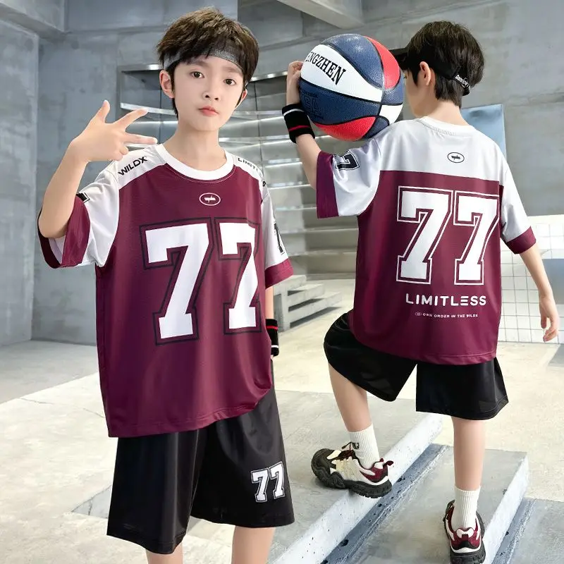 6586 Boys Summer Fashion Loose Breathable Tees+Pants 2pcs Basketball Rugby Sportsuits 5-14 Years Teenage Kids Oversized Outfits