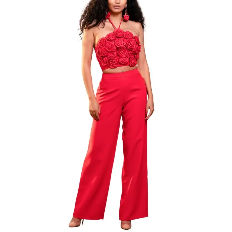 

Luxury Vintage Red Rose Two Piece Set Women Halter Backless Top Flare Trousers Sexy Party Club Dresses Gown for Prom Night
