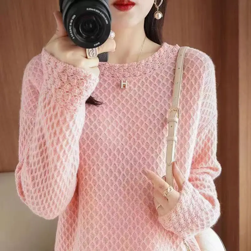 100% Pure Australian Wool Autumn Winter Sweater  Women\'s 2024 New Fashion Half High Neck Knitted Bottom Waffle Long Sleeved Wear