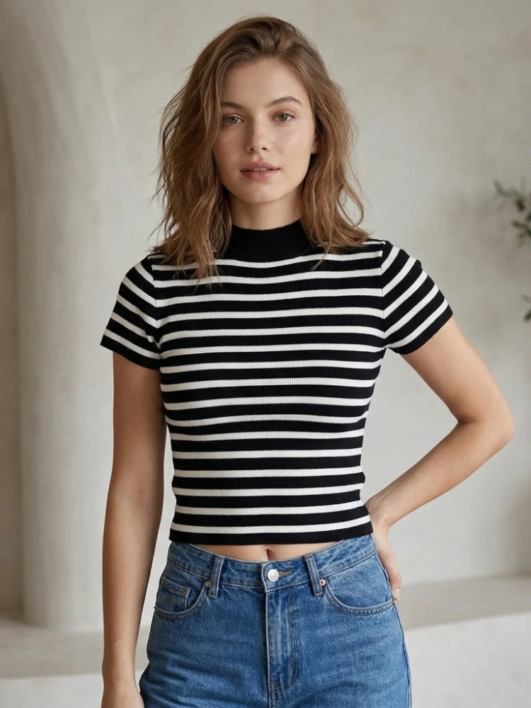 

Женский укороченный свитер-поло с высоким воротом и полосками, приталенный, для ранней весны и осени, 2026