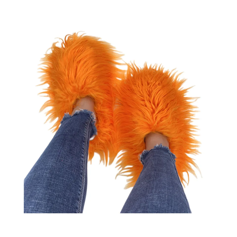 Women Faux Mongolian Fur Slippers Long Shaggy Fluffy Closed Toe Slip On Thick Sole Y2K Winter Warm Festival Furry Shoes