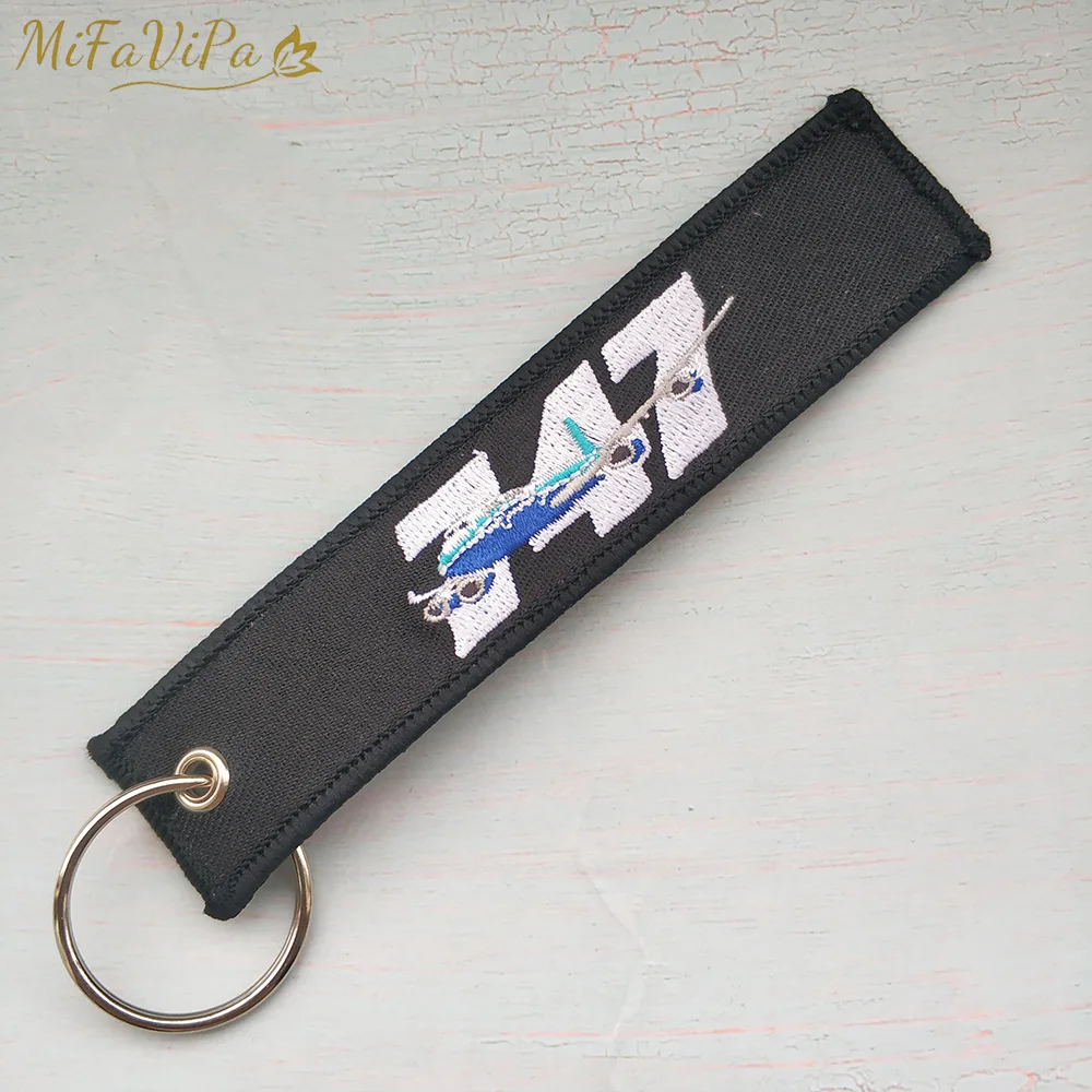 MiFaViPa Embroidery Boeing 747 Keychains Phone Strap Black Red Aviation Key Chains for Pilot Gifts Flight Crew Keyring Tags