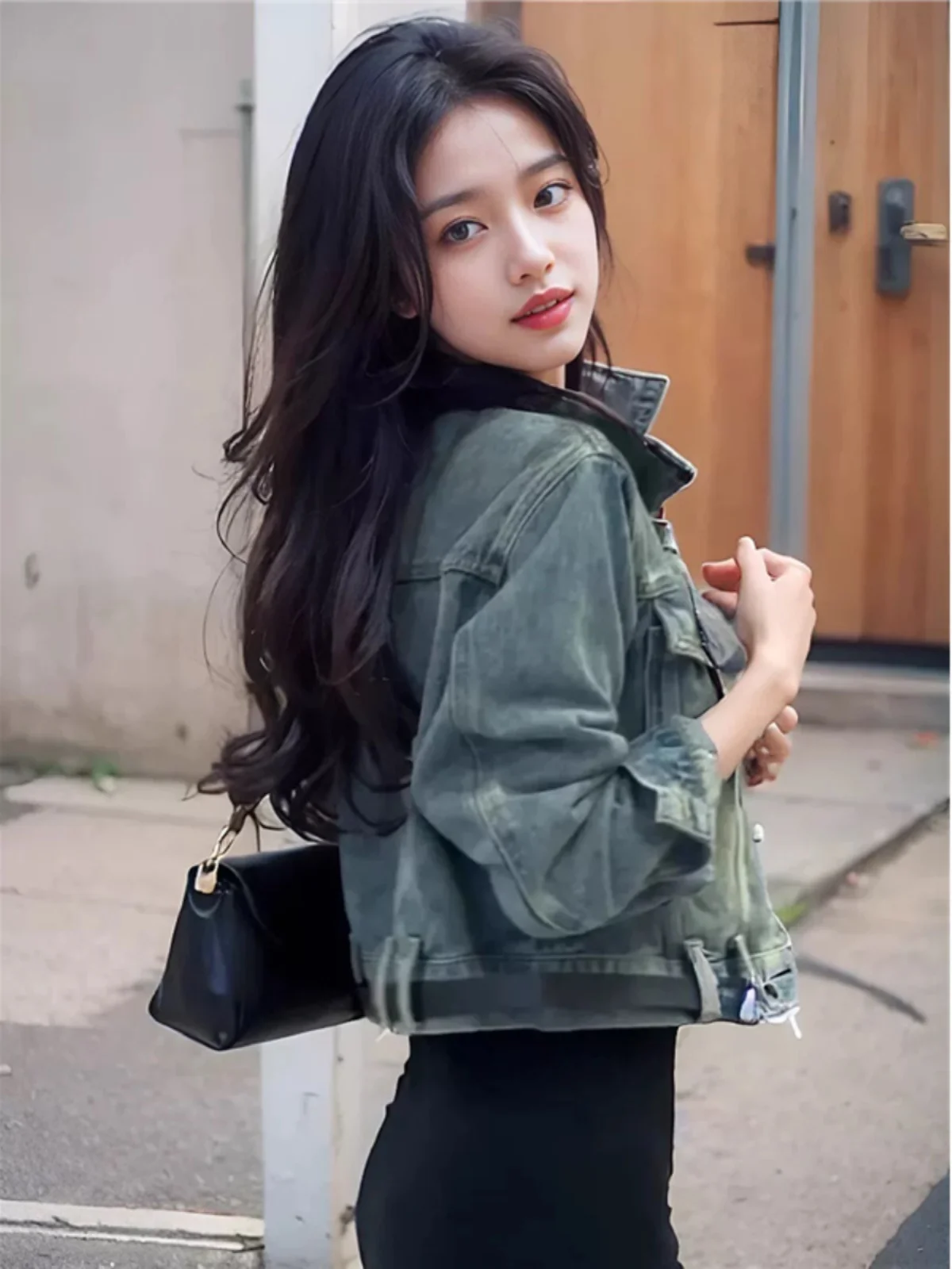 Denim Coats Jacket For Women Womens Spring O-Neck Snap Button Slim-Fit Soft Flare Preppy Style Outcoats Waist-Cinching Patchwork