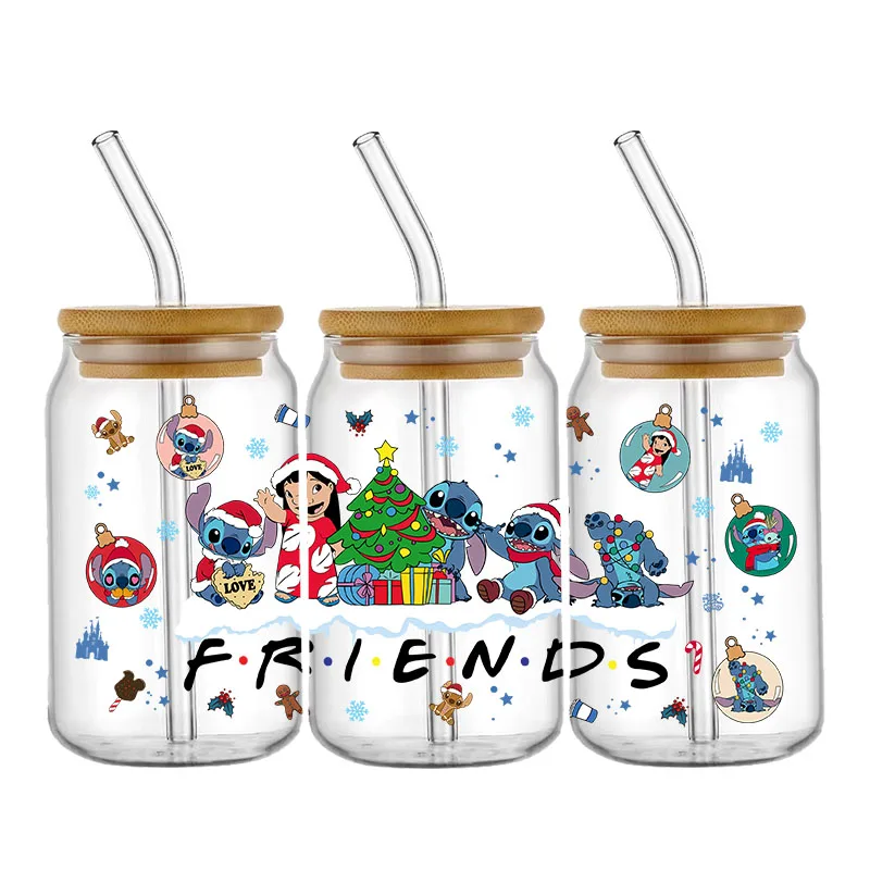 Disney Stitch-pegatinas navideñas UV DTF para envolver vasos, pegatinas de vaso, calcomanía de vidrio, autoadhesivo, impermeable, 16oz